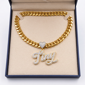 Yellow Gold Plated Miami Cuban Link <b>Chain</b> Custom Bail Clasp 925 Sterling Silver VVS Moissanite Diamond <b>Name</b> Letter Pendant - Product Image 1