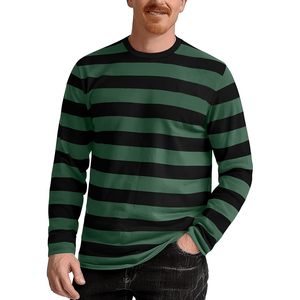 Custom <b>Mens</b> <b>Striped</b> Long Sleeve <b>T</b> <b>Shirt</b> Cotton Stretch Crewneck Regular Fit Casual Tee Green Black Stripes - Product Image 1