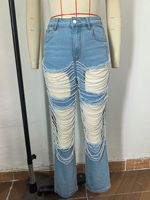 Jean droit taille haute respirant pour femme en polyester/coton 2026, décoré d'une chaîne de perles et de bords effilochés, bleu moyen