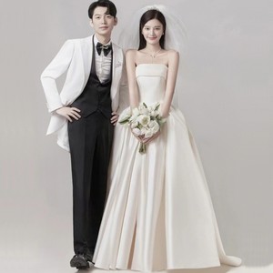 White Strapless Satin Wedding Dress Empire Waist A-Line Minimalist Design For Photoshoots - Product Image 3