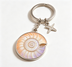 Porte-clés Coquille d'Ammonite Aspect Naturel Pendentif Métallique Breloque Étoile de Mer Accessoire Cadeau Rond - Product Image 1