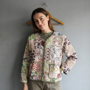 <b>Quilted</b> Floral Patchwork Jacket Women's Full Sleeve Cotton Spring Style Regular Length Printed Design <b>Single</b> Button Closure gift - Product Image 1