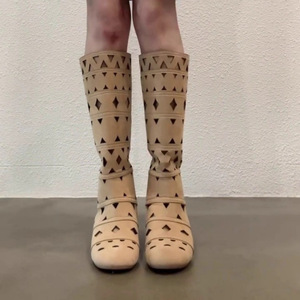 Suede Knee High <b>Boots</b> Geometric Cutout Breathable Flat Heel Summer Casual Western Style Footwear For Women - Product Image 2