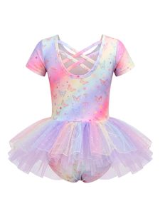 Vestido de Ballet para Niñas, Tutú con Estampado de Mariposas Arcoíris, Leotardo de Manga Corta, Ropa de Danza de Tul para Práctica y Actuaciones - Product Image 5