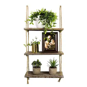 Prateleira de parede flutuante de madeira com 3 camadas, corda de juta, prateleira suspensa para janelas, organizador de plantas, prateleira de armazenamento boho deco fofa, decoração de quarto