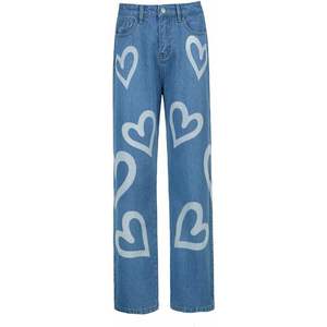 Jeans taille haute imprimé cœur jambes larges style vintage pour femmes coupe ample pantalon streetwear en denim pour adolescentes - Product Image 3