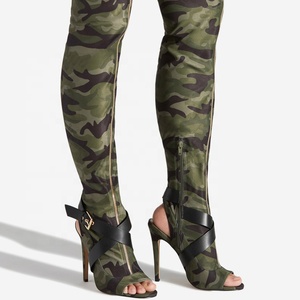 Front Zipper Women Stretchy Thigh High Boots Summer Cross Belt Buckle Long <b>Booties</b> Over Knee Peep Toe High Heel Camouflage Shoes - Product Image 4
