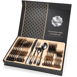 Fashionable stainless steel tableware dinnerware mirror polish black 24pcs fork spoon cutlery and silverware set gift box