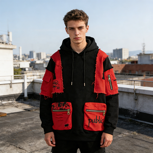 เสื้อฮู้ดดี้ผู้ชายผ้าเฟรนช์เทอร์รี่พิมพ์ลายกันน้ำ หนัก 480gsm สไตล์วินเทจ มีเชือกผูก ปรับแต่งได้ตามต้องการ พร้อมกระเป๋าคาร์โก้ กันยับ - Product Image 3