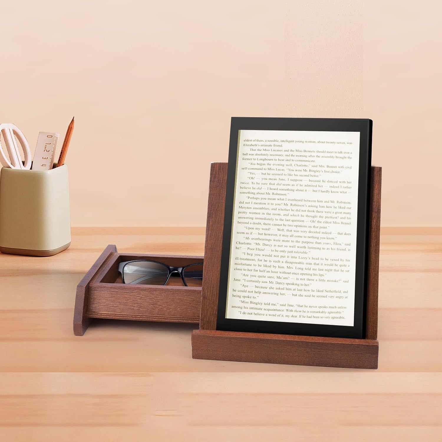 Menkxi Wooden Triangle Book Stand – 7x7x6 Inch, Dual Drawer Book Holder & Decor - View #4