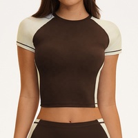 T-shirt pour femme à empiècements contrastés, respirant, léger, à séchage rapide, manches courtes raglan ajustées, haut de sport pour yoga, course en plein air