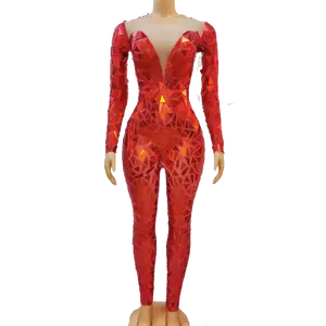 चमकती पूर्ण दर्पण लंबी आस्तीन पारदर्शी jumpsuit जन्मदिन पोशाक शाम महिलाओं नृत्य Bodysuit