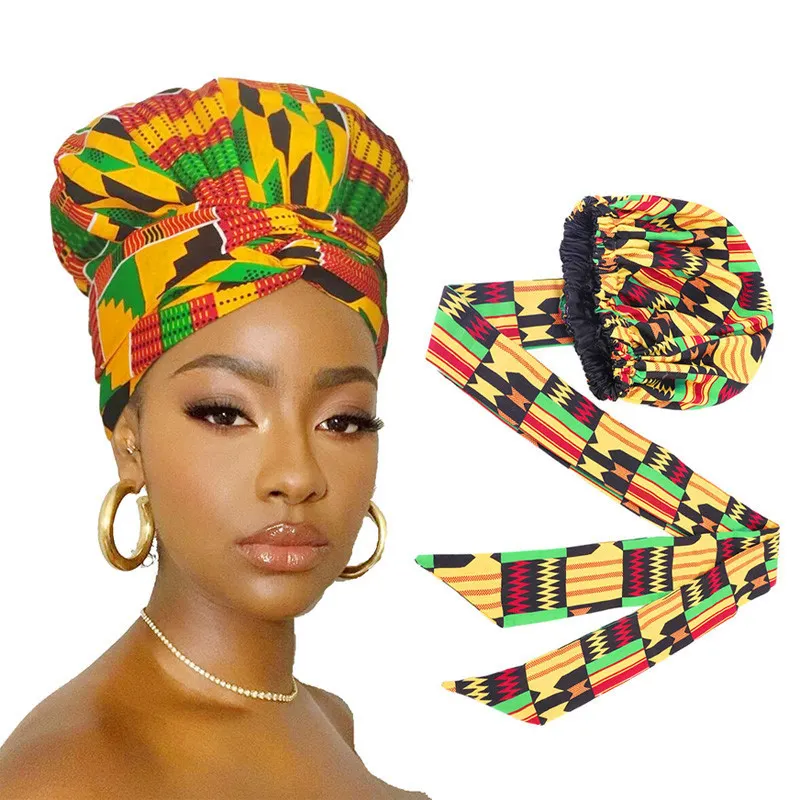 Шелковая атласная Шапка-тюрбан с длинными завязками, многоразовая шапка для химиотерапии, Обложка для волос с цветочным принтом, бандана для купания и сна в африканском стиле