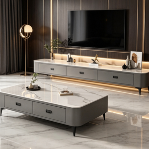 Set di Lusso con Mobile TV <span class=keywords><strong>in</strong></span> Legno e Marmo, Tavolino da Salotto con Vano Portaoggetti, <span class=keywords><strong>Arredamento</strong></span> per Interni - Product Image 2