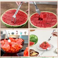 Trancheuse à pastèque manuelle portable en acier inoxydable 2 en 1 avec fourchette, design compatible lave-vaisselle pour les fêtes de famille, le camping et l'utilisation en cuisine