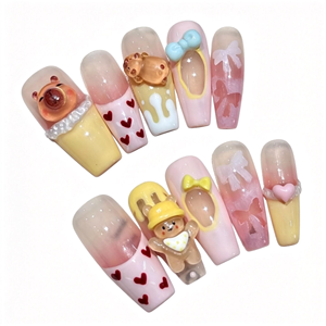 Faux ongles à presser faits main, longs forme cercueil, motifs Kawaii Capybara, ours en gomme 3D, cœur, nœud en ruban, colorés, effet bonbon et gelée, vente en gros - Product Image 1