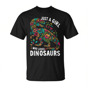 Camiseta floral Just A Girl Who Loves Dinosaurs, negra, para adultos, unisex - Product Image 2