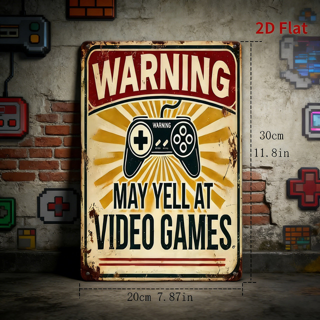 Vigreat Retro Video Game Warning Metal Tin Sign Vintage Printed Wall Art Plaque for Boys Bedroom Gamer Room Cave Home Bar Decor