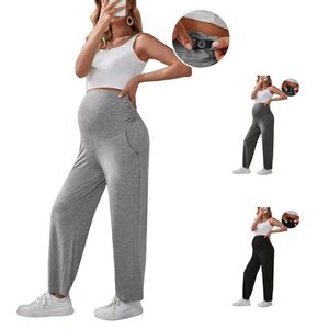 Leggings de maternité à taille élastique réglable avec poche, écologiques, respirants, coupe ajustée, longueur intégrale, vêtements pour femmes enceintes - Product Image 1