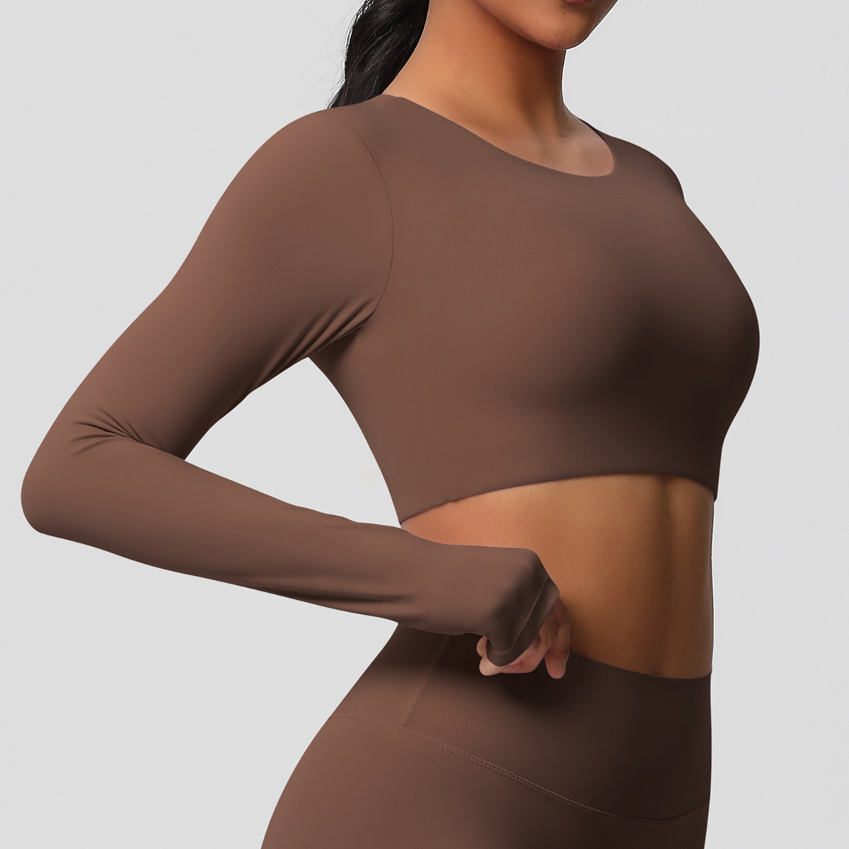 Breathable Spandex/Nylon Crew Neck Long Sleeve Skinny Fit Women's Crop for Yoga Top