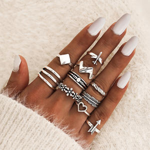 Fashion <b>Rings</b> Set 10pcs <b>Silver</b> Plated Heart Arrow <b>Feather</b> Flower Square Bohemia Style Women's Daily Wear Gift Jewelry - Product Image 3