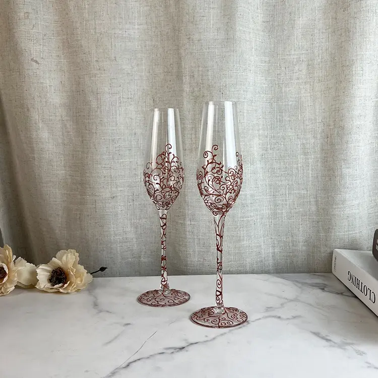 Taças de champanhe para casamento, copos feitos à mão em ouro rosa com estampa de cristal 200ml