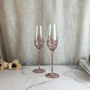 Verres à champagne en cristal à motif de peintures en or rose 200ml faits à la main
