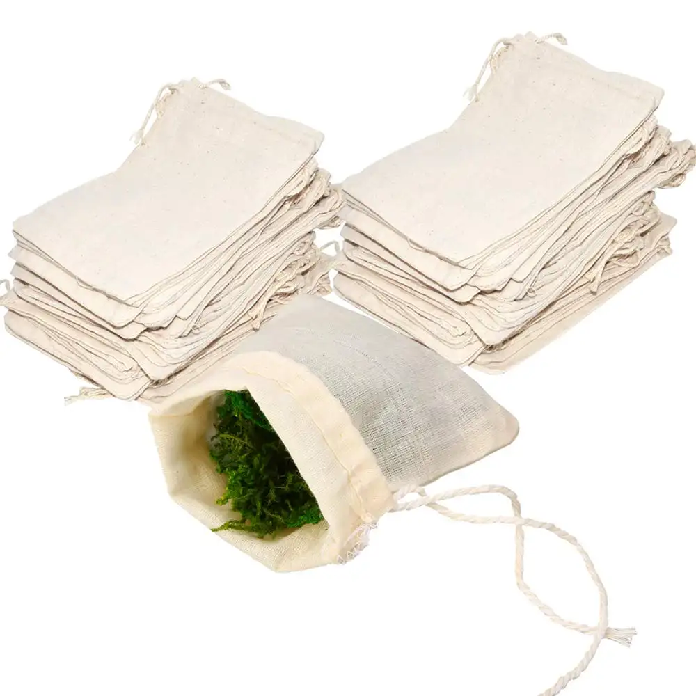 Sac à thé en mousseline réutilisable écologique, sachet de coton avec cordon de serrage, pochette à poussière, thé à fleurs, vente en gros