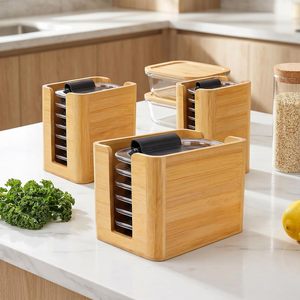 Ensemble de boîtes de rangement en bambou avec couvercles transparents, organisateur de comptoir de cuisine, trois pièces, design grain de bois - Product Image 1
