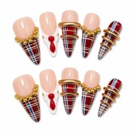 Faux ongles réutilisables à presser, motif à carreaux vintage, peints à la main, extensions d'ongles longs en acrylique forme amande avec perles dorées pour nail art