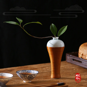 Chinese Handmade Bamboo Weaving Porcelain Vase Round Zen Style Tea Room Decorative Flower Vase For Tea Table Ornament - Product Image 1