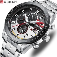 Montre chronographe pour homme, boîtier argenté, lunette noire, tachymètre, trois sous-cadrans, fenêtre de date, bracelet en acier, sport racing