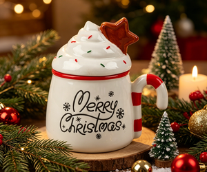 Tazza in Ceramica Natalizia con Coperchio a Forma di Panna Montata e Manico a Bastoncino di Zucchero, Tazza da Caffè Festiva per <span class=keywords><strong>Natale</strong></span> - Product Image 4