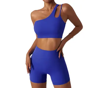 高品质女性瑜伽套装2 pcs单肩双带运动文胸短裤带口袋健身房健身运动服定制标志