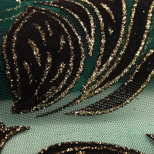 Son tasarım altın çerçeveli siyah yaprak yama yeşil baskılı tül kumaş % 100% polyester ziyafet düğün elbisesi kumaş