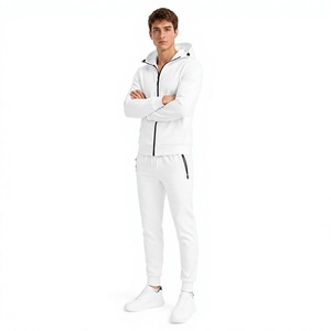 Unisex <b>White</b> Full Zip Hooded Tracksuit Set <b>Jogger</b> Pants Two Piece Casual Sportswear 100% Cotton Eco-Friendly Lightweight Custom - Product Image 2