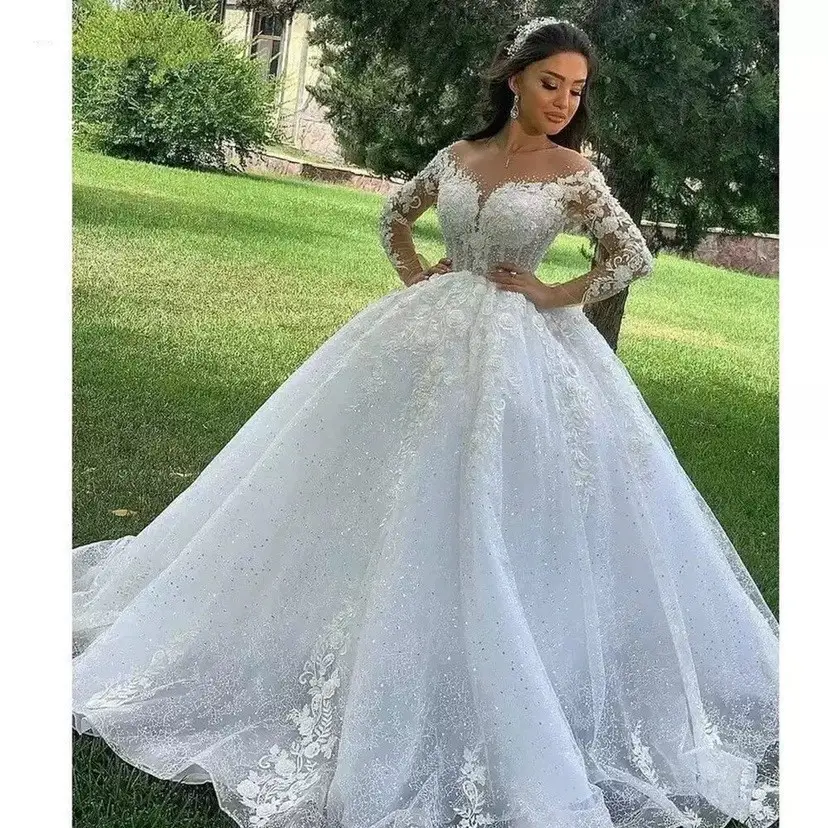 SUNNY Women's Elegant Lace Beach Wedding Dresses for Bride 2023 with Sleeves Wedding Bridal Gowns