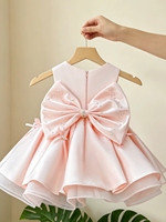 Robe rose sans manches décontractée longueur cheville coupe trapèze en dentelle à imprimé floral avec nœud pour bébés filles, idéale pour le 1er anniversaire et les occasions de demoiselle d'honneur
