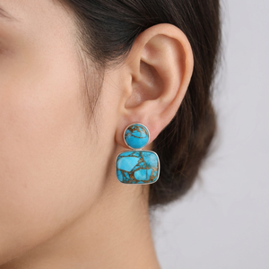 Boucles d'oreilles clous géométriques en cuivre et turquoise, laiton massif plaqué argent, style bohème, double pierre, bijoux de mode pour femme, cadeau - Product Image 3