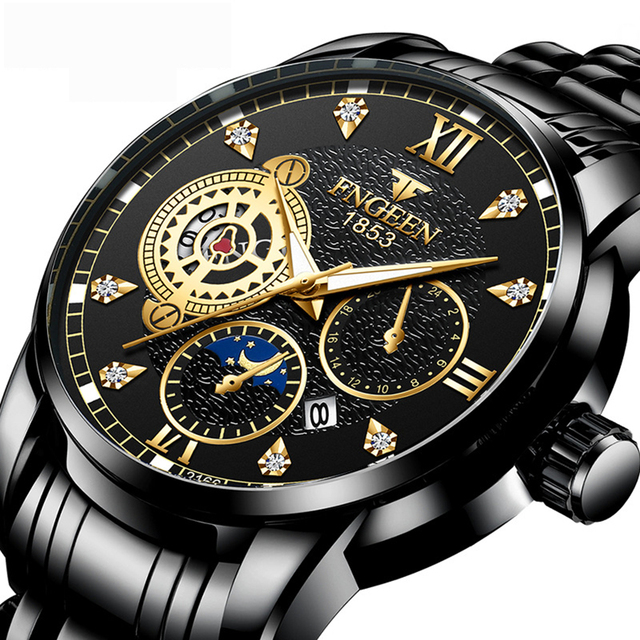 FNGEEN 2166 Luxury Sport Fashion Quartz Watch Unisex Stainless Steel Band Waterproof Pointer Dial Date Display 20mm 10mm