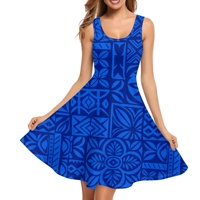 Robe d'été vintage bleue pour femme, col carré, bretelles spaghetti, coupe évasée, sans manches, motif Tapa Hawaïen, style urbain, écologique, pour la plage