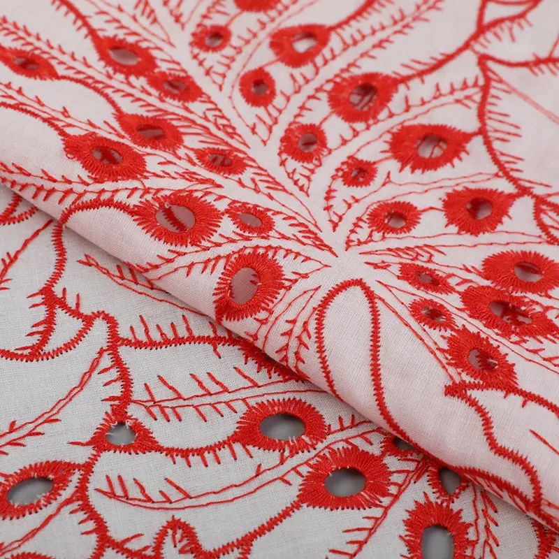 Wholesale New Product Single Border Red Cotton Eyelet Embroidery Fabric For Dress And T-shirt
