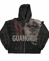 Sweat à capuche zippé sur mesure style punk sombre, déchiré, noir délavé vintage, motif croix totem gothique, style streetwear pour homme