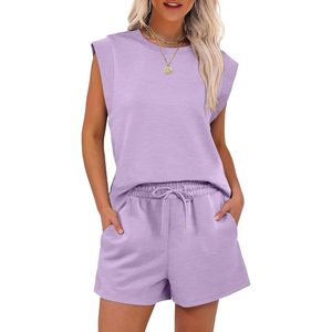 Conjunto de dos piezas para mujer, sin mangas, cuello redondo, pantalones cortos de punto transpirables, traje informal para primavera y verano - Product Image 1