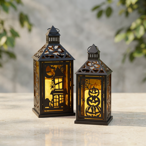 Farol de Metal Negro para Decoración de Halloween al por Mayor con Vidrio Naranja y Recorte Personalizado - Product Image 6