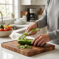 Lange steel met rechte mesjes, ergonomische antislipgreep, roestvrijstalen keukenhulp voor het schillen van groenten en fruit.