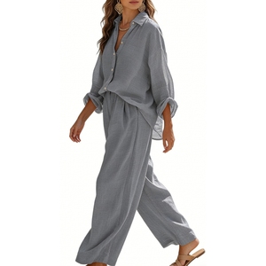 Women's Coral Shirt & Wide-Leg <b>Pants</b> 2 Piece Set - Casual Summer Outfit Breathable Coord Fashion - Product Image 2