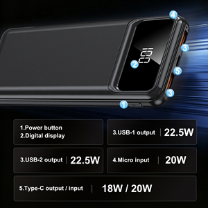 Vente en gros OEM, <span class=keywords><strong>batterie</strong></span> <span class=keywords><strong>externe</strong></span> mince haute capacité 10000mAh 20000mAh, sans câble intégré, charge rapide PD22.5W, chargeur portable, PowerBank - Product Image 4
