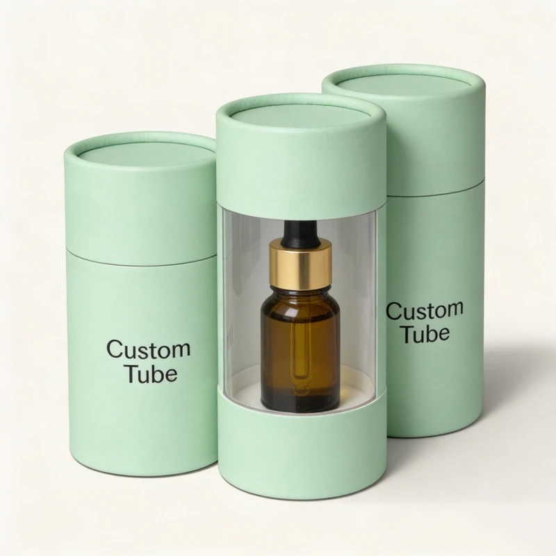 Custom Color Printing Logo Kraft Round Paper Tube Cylinder Cardboard Bottle Box Tube With PVC Window for Cosmetic Oil Packaging