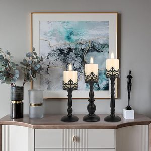 빈티지 블랙 장식 크리스탈 기둥 캔들 홀더 레이스 속이 빈 촛대 고딕 웨딩 크리스마스 디너 테이블 장식 - Product Image 3